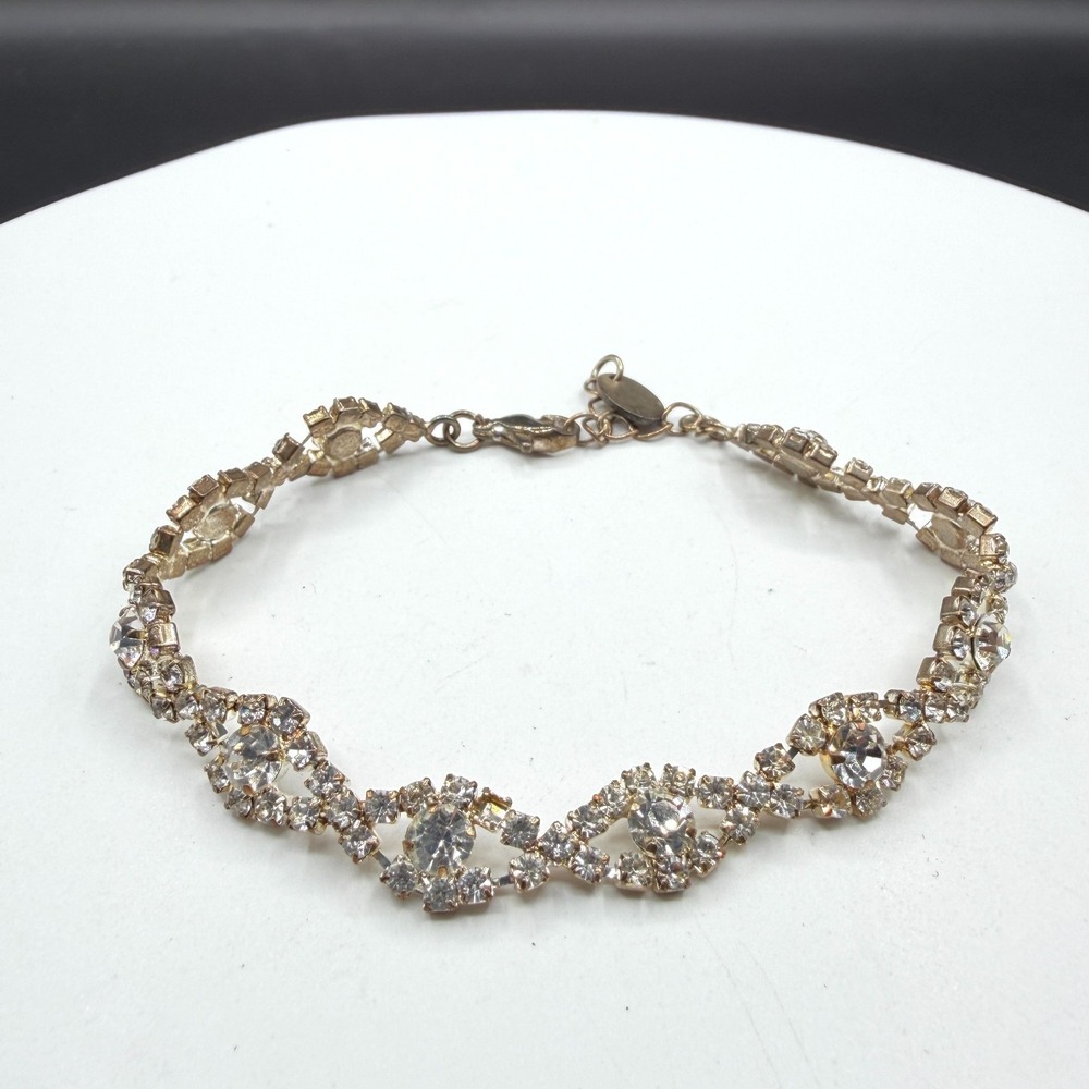 Clear Rhinestone Bracelet Gold Tone Floral Link Statement Bridal Wedding Gift